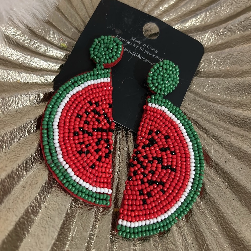 NEW! Cute Beaded Watermelon Slice Dangle Earrings - Picture 4 of 5